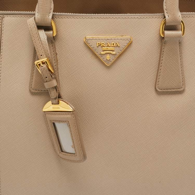 Pre Owned Prada Two Tone Beige Saffiano Lux Leather Large Double Zip Tote
