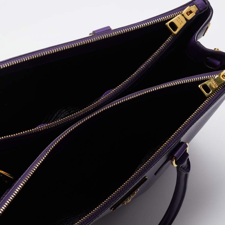 Pre Owned Prada Purple Saffiano Lux Leather Large Double Zip Tote