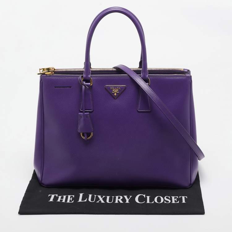 Pre Owned Prada Purple Saffiano Lux Leather Large Double Zip Tote