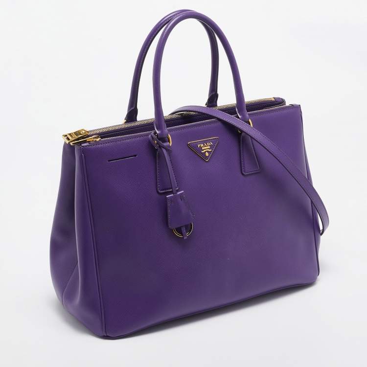 Pre Owned Prada Purple Saffiano Lux Leather Large Double Zip Tote