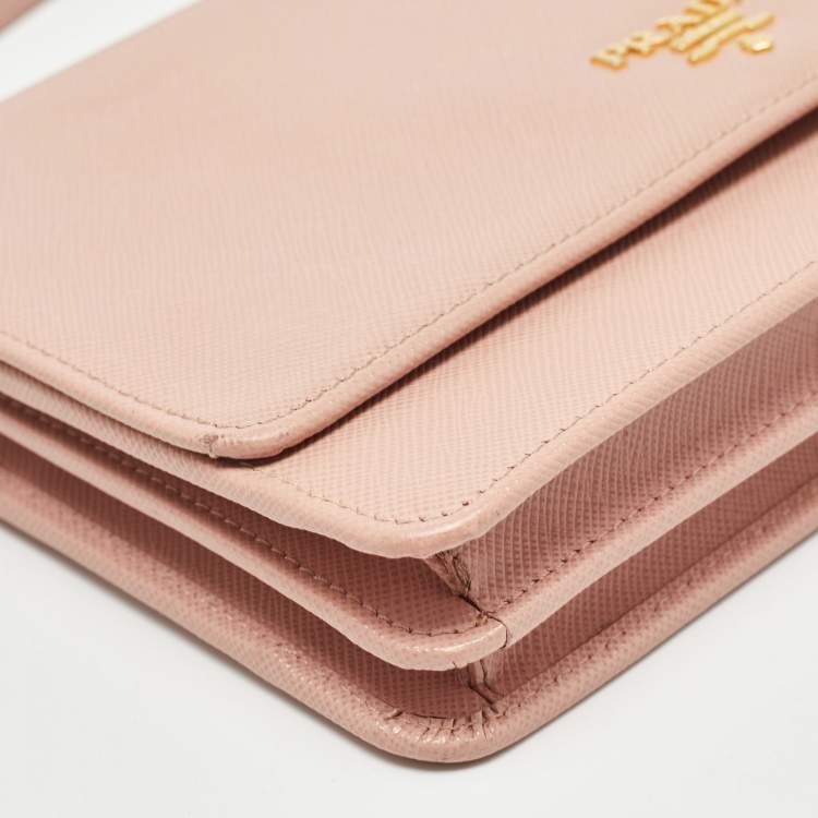 Pre Owned Prada Pink Saffiano Metal Leather Flap Strap Wallet 