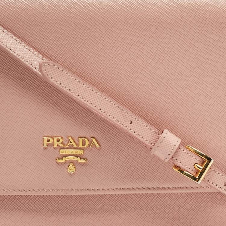 Pre Owned Prada Pink Saffiano Metal Leather Flap Strap Wallet 