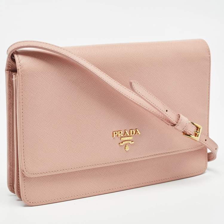 Pre Owned Prada Pink Saffiano Metal Leather Flap Strap Wallet 