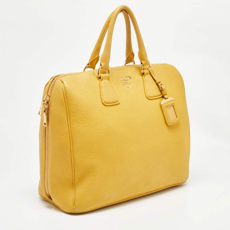Pre Owned Prada Mustard Vitello Daino Leather Boston Duffel Bag