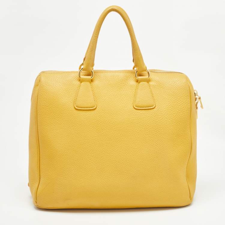 Pre Owned Prada Mustard Vitello Daino Leather Boston Duffel Bag