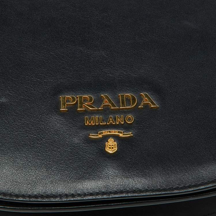 Pre Owned Prada Black Leather City Calf Pionnière Saddle Shoulder Bag