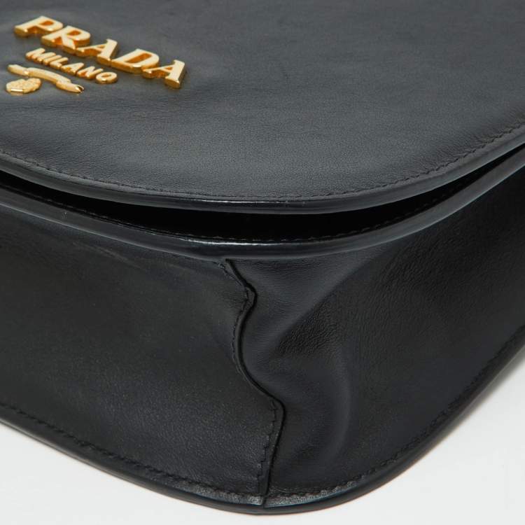 Pre Owned Prada Black Leather City Calf Pionnière Saddle Shoulder Bag