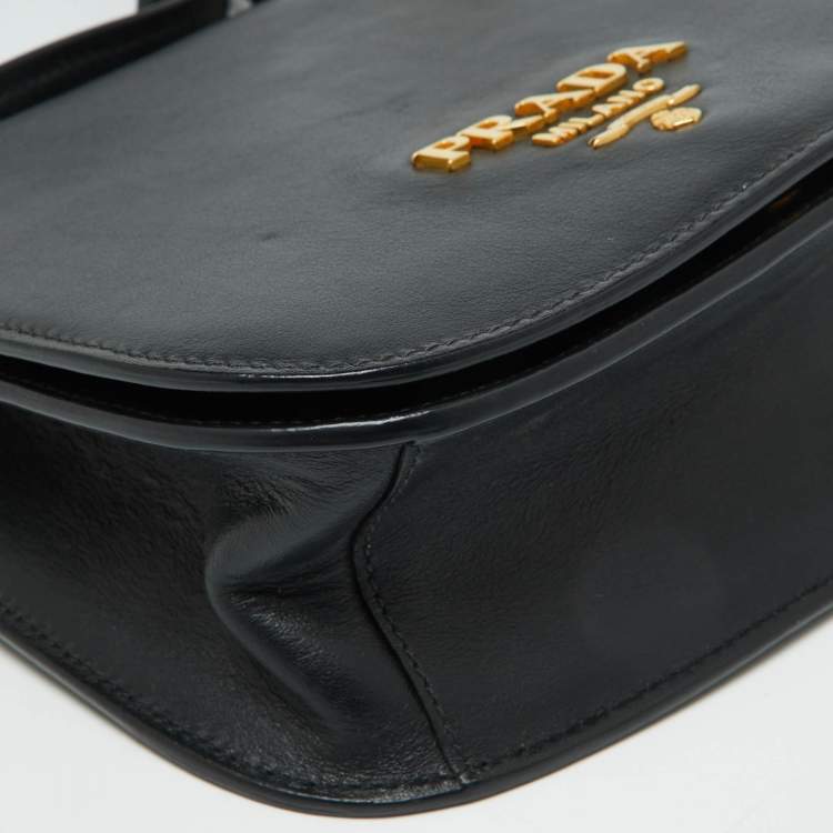 Pre Owned Prada Black Leather City Calf Pionnière Saddle Shoulder Bag