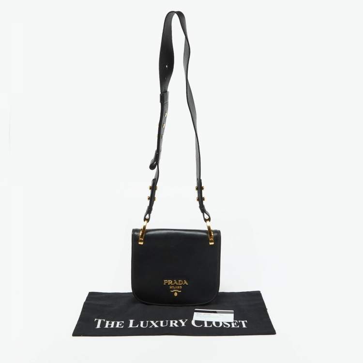 Pre Owned Prada Black Leather City Calf Pionnière Saddle Shoulder Bag