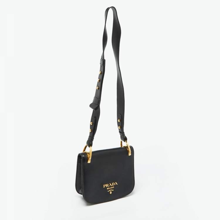 Pre Owned Prada Black Leather City Calf Pionnière Saddle Shoulder Bag