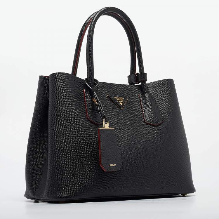 Pre Owned Prada Black Saffiano Cuir Leather Small Double Handle Tote