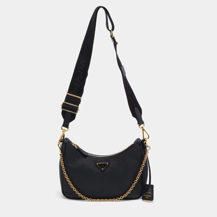 Pre Owned Prada Black Saffiano Lux Leather Re-Edition 2005 Baguette Bag