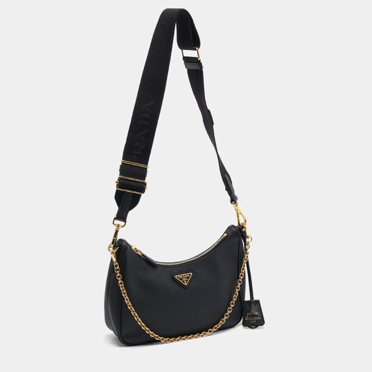 Pre Owned Prada Black Saffiano Lux Leather Re-Edition 2005 Baguette Bag