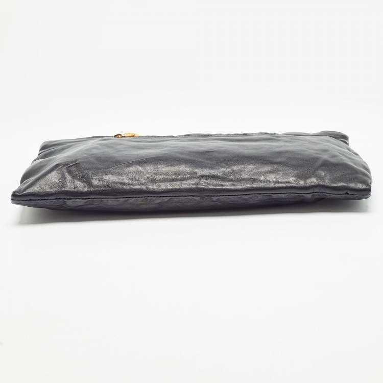 Pre Owned Prada Black Soft Leather Zip Clutch