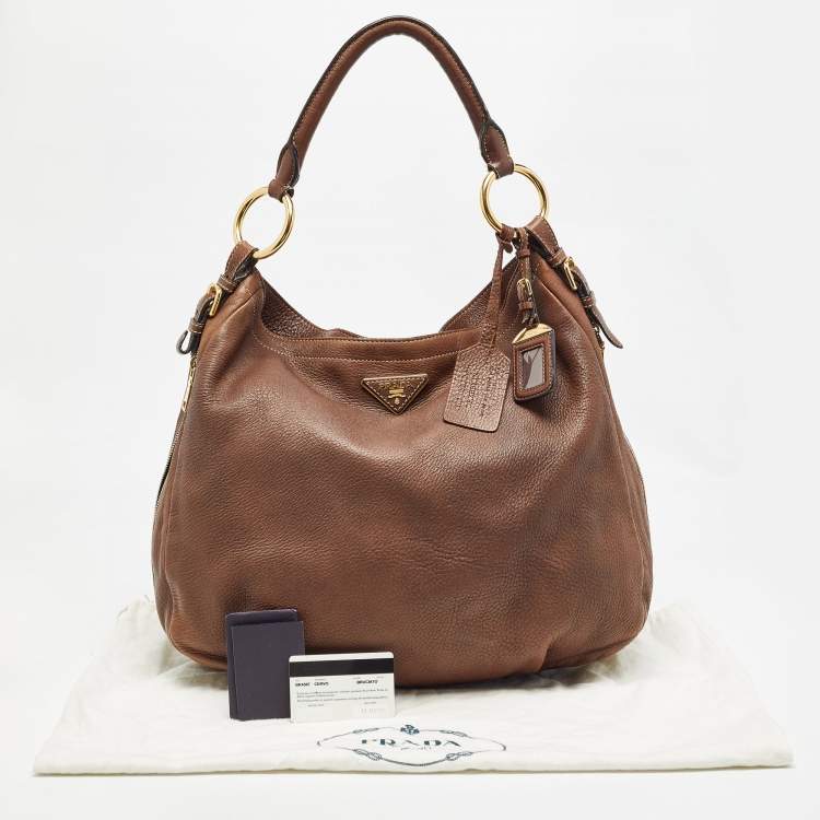 Pre Owned Prada Brown Cervo Leather Side Zip Hobo