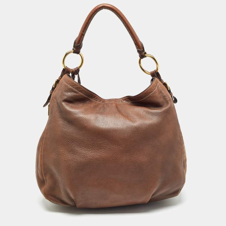 Pre Owned Prada Brown Cervo Leather Side Zip Hobo