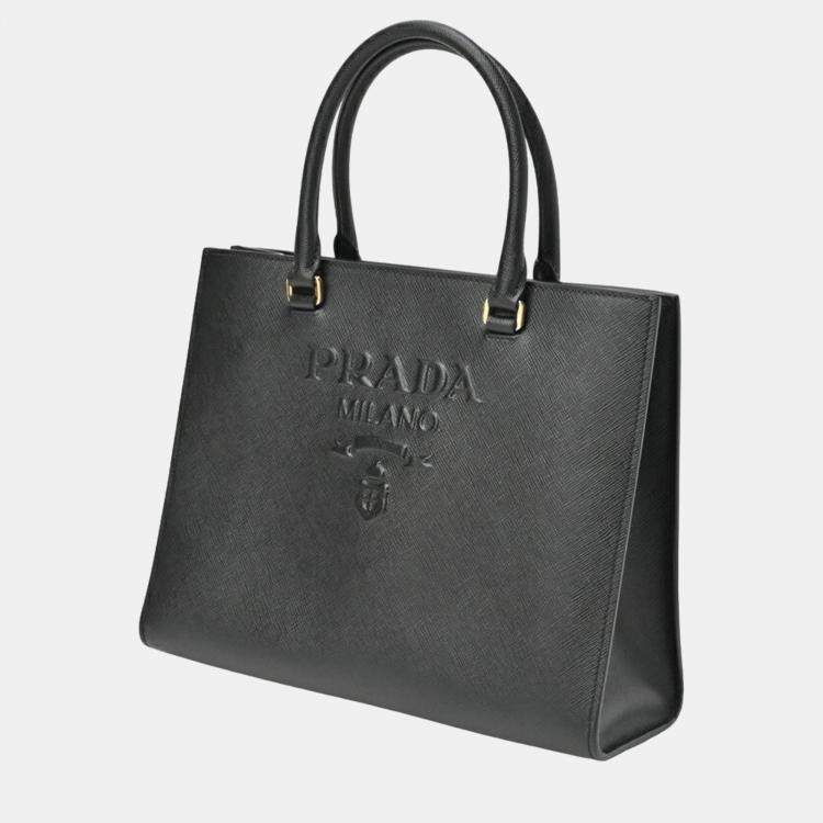 Prada Black Saffiano Leather Medium Lux Embossed Logo Tote Bag Prada TLC