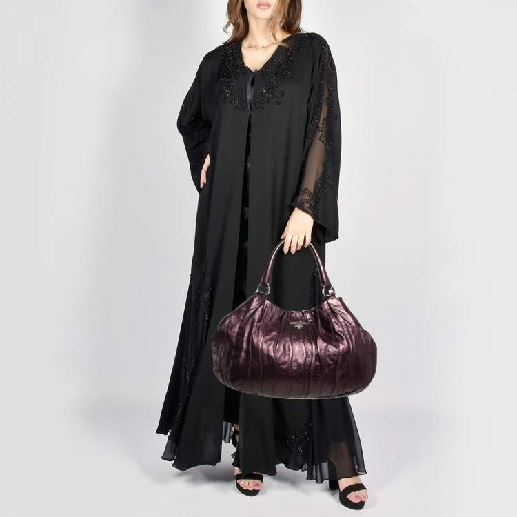 Pre Owned Prada Metallic Purple Leather Wave Hobo