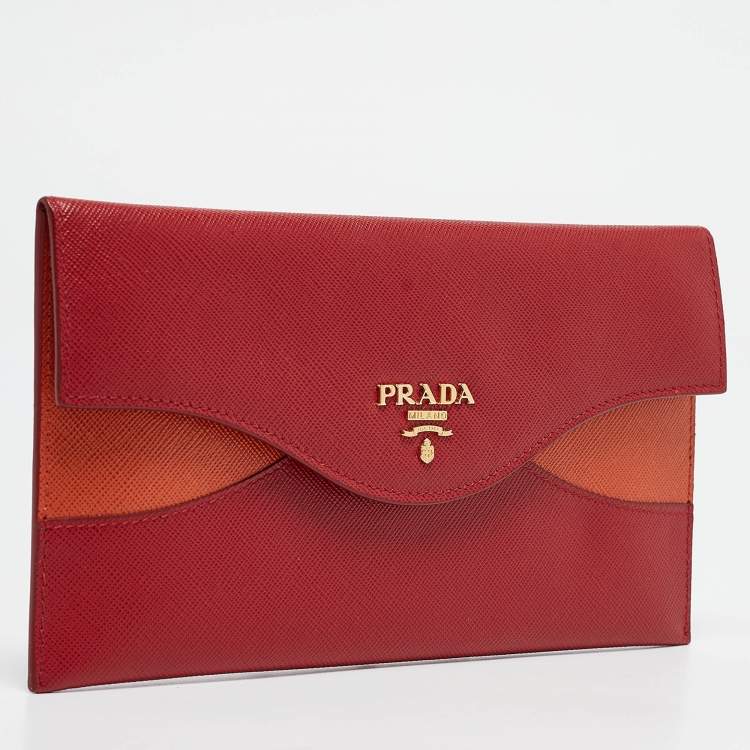 Pre Owned Prada Red/Orange Saffiano Cross Leather Wave Continental Wallet