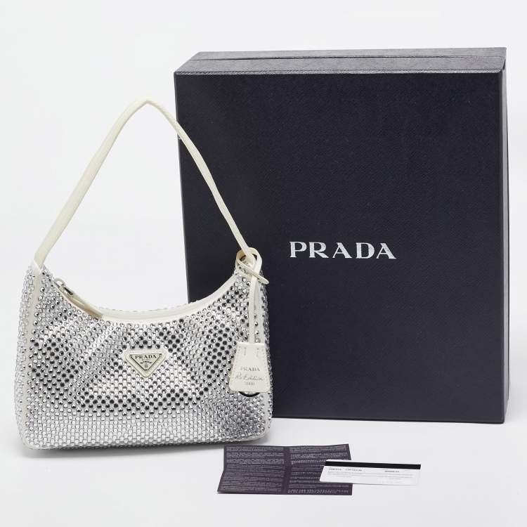Pre Owned Prada Off White Satin Crystal Embellished Re-Edition 2000 Baguette Bag