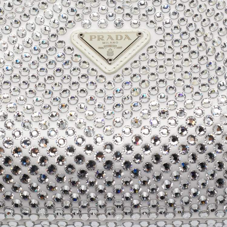Pre Owned Prada Off White Satin Crystal Embellished Re-Edition 2000 Baguette Bag