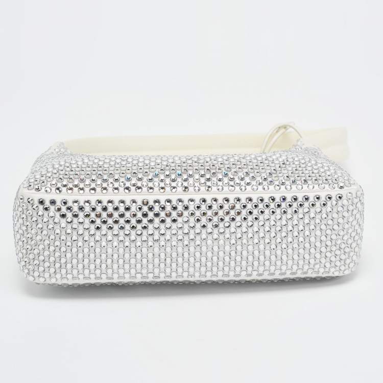 Pre Owned Prada Off White Satin Crystal Embellished Re-Edition 2000 Baguette Bag