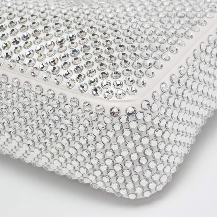 Pre Owned Prada Off White Satin Crystal Embellished Re-Edition 2000 Baguette Bag