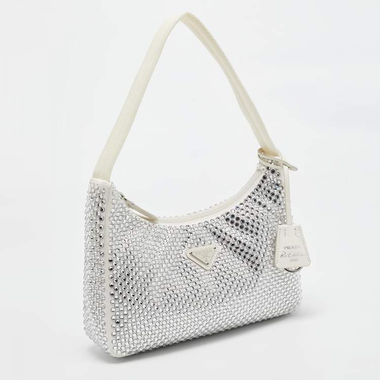 Pre Owned Prada Off White Satin Crystal Embellished Re-Edition 2000 Baguette Bag
