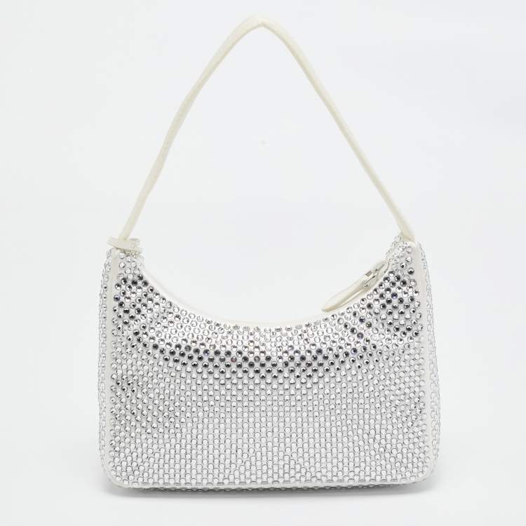 Pre Owned Prada Off White Satin Crystal Embellished Re-Edition 2000 Baguette Bag