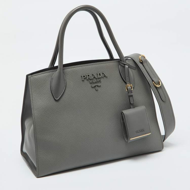 Pre Owned Prada Grey Saffiano Cuir Leather Monochrome Tote