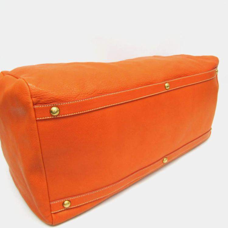 Pre Owned Prada Orange Leather Logo Embossed Duffel Bag