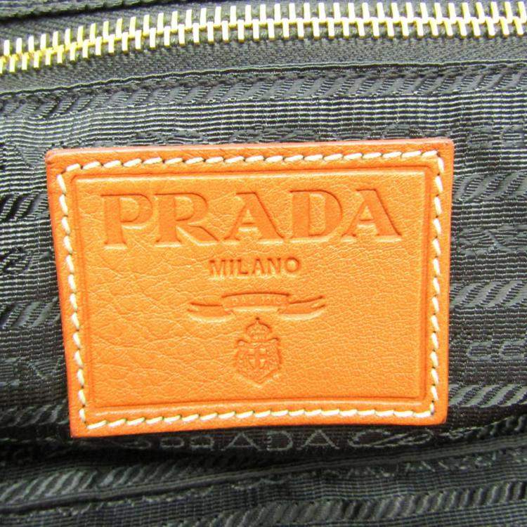 Pre Owned Prada Orange Leather Logo Embossed Duffel Bag