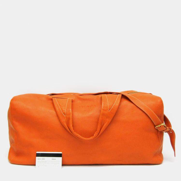 Pre Owned Prada Orange Leather Logo Embossed Duffel Bag