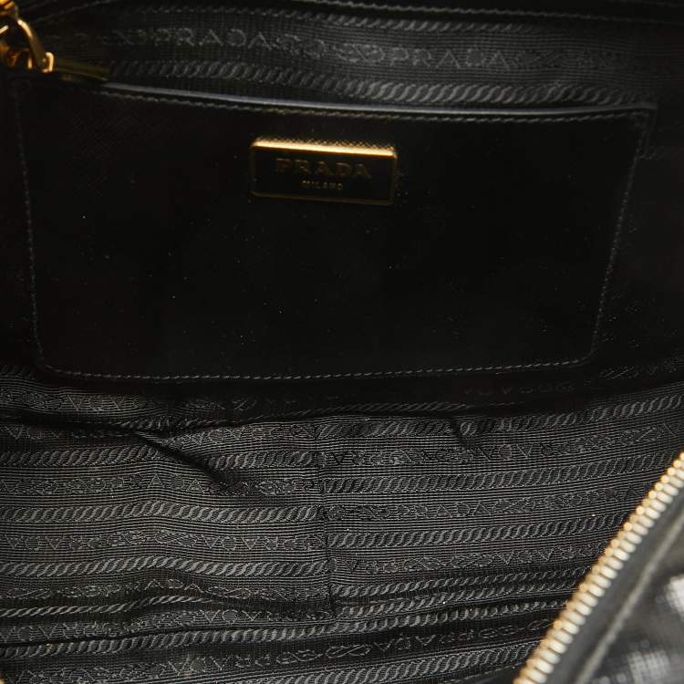 Pre Owned Prada Black Saffiano Patent Leather Floral Bauletto Bag