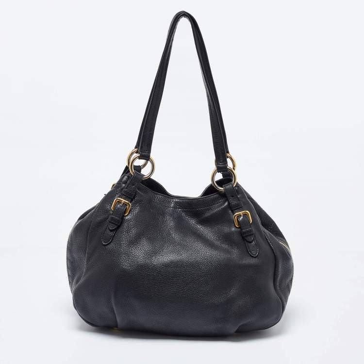 Pre Owned Prada Black Vitello Daino Leather Side Zip Hobo