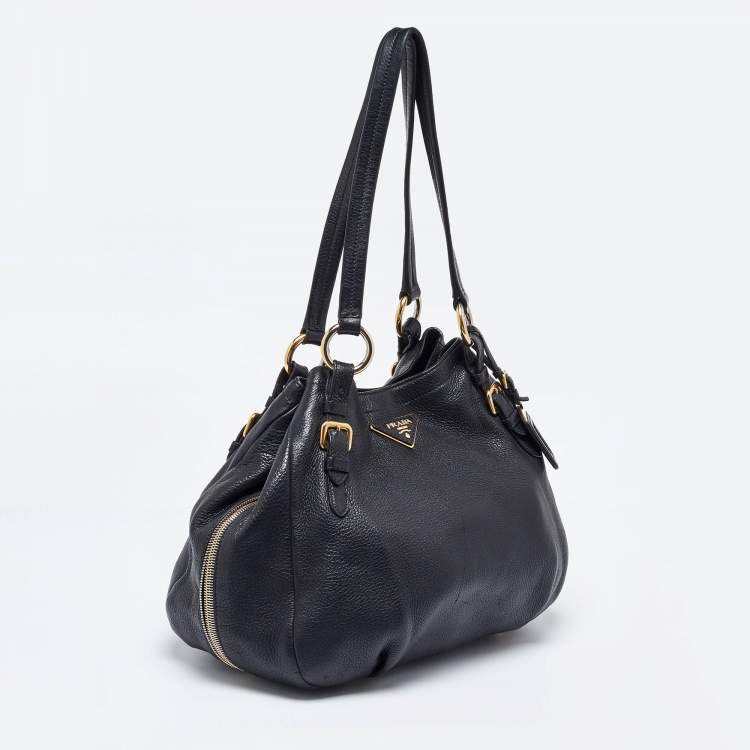 Pre Owned Prada Black Vitello Daino Leather Side Zip Hobo