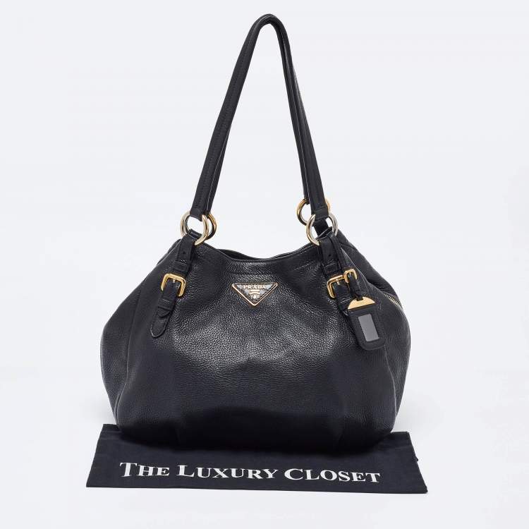 Pre Owned Prada Black Vitello Daino Leather Side Zip Hobo