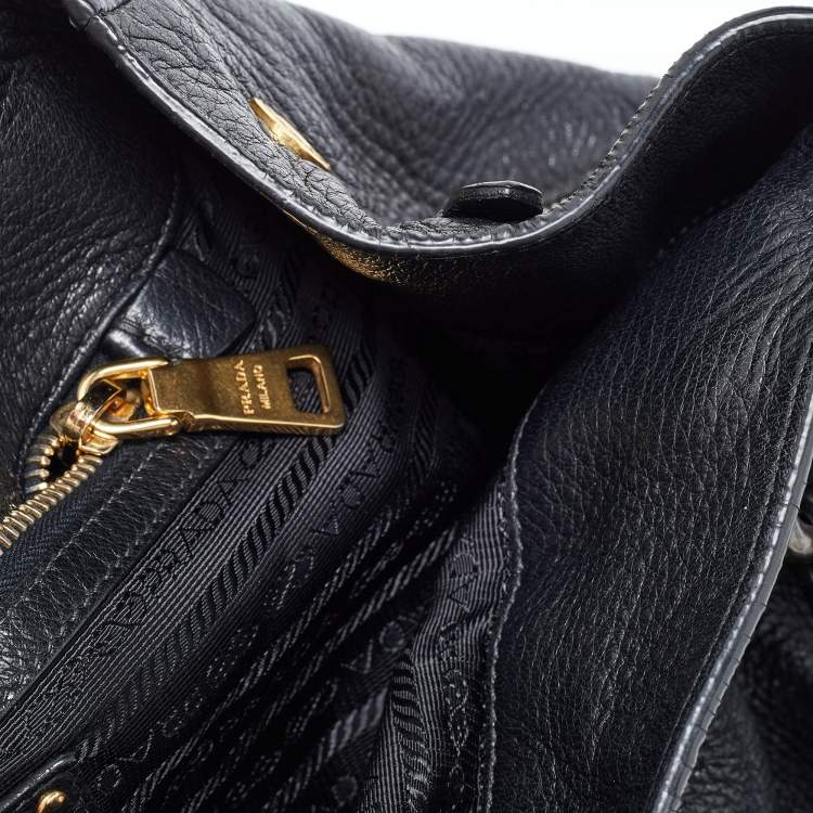 Pre Owned Prada Black Vitello Daino Leather Side Zip Hobo
