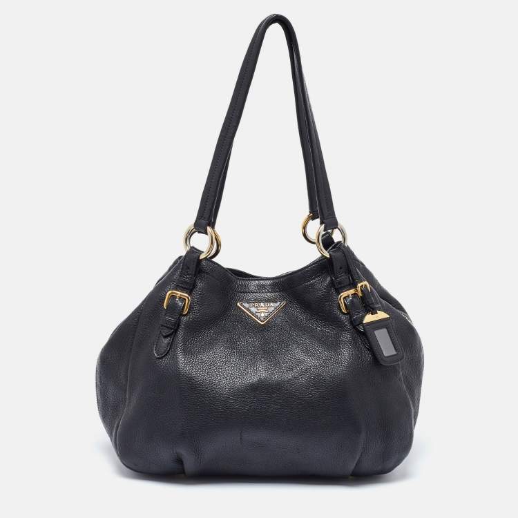Pre Owned Prada Black Vitello Daino Leather Side Zip Hobo