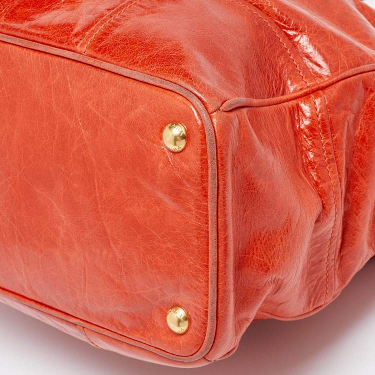 Pre Owned Prada Orange Vitello Shine Leather Snap Tote
