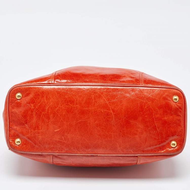 Pre Owned Prada Orange Vitello Shine Leather Snap Tote