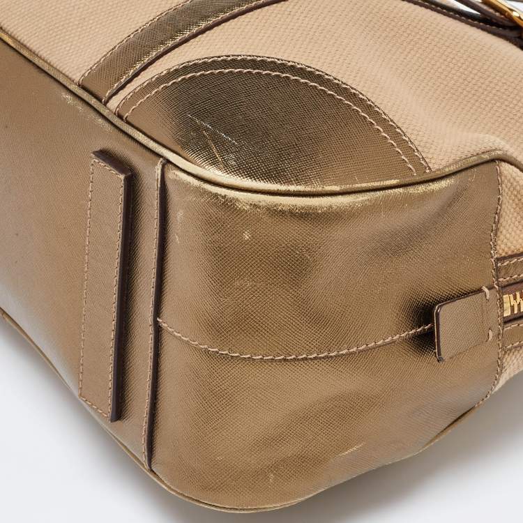 Pre Owned Prada Metallic/Beige Canvas and Leather Zip Bowler Bag