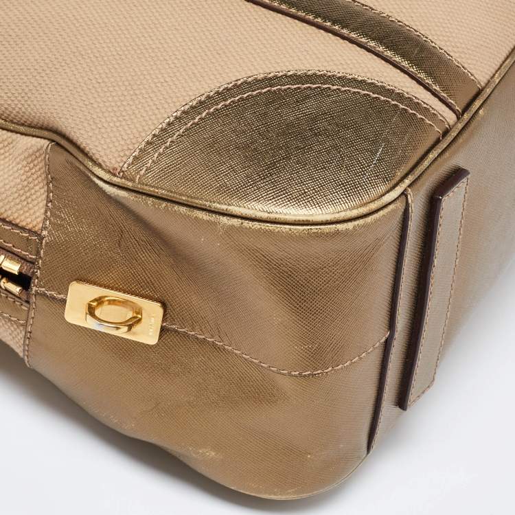 Pre Owned Prada Metallic/Beige Canvas and Leather Zip Bowler Bag