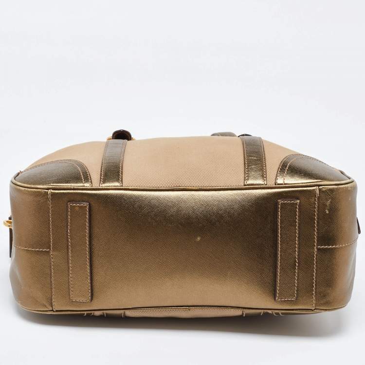 Pre Owned Prada Metallic/Beige Canvas and Leather Zip Bowler Bag