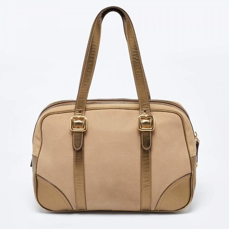 Pre Owned Prada Metallic/Beige Canvas and Leather Zip Bowler Bag