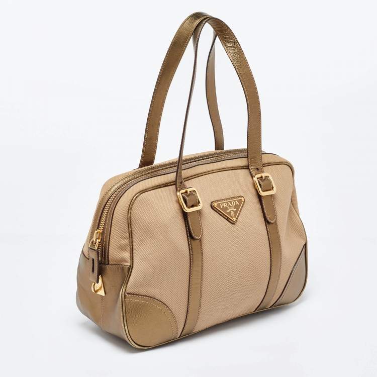 Pre Owned Prada Metallic/Beige Canvas and Leather Zip Bowler Bag