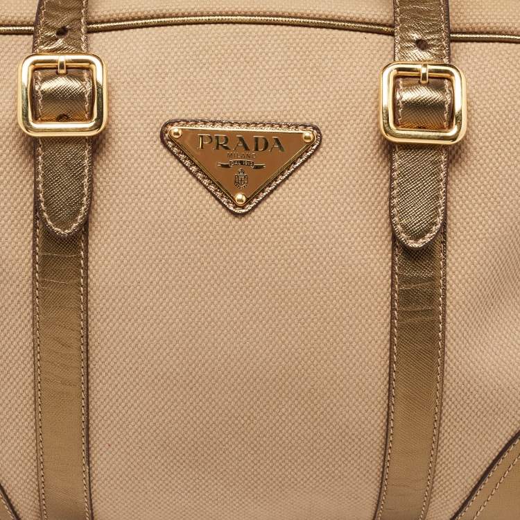 Pre Owned Prada Metallic/Beige Canvas and Leather Zip Bowler Bag