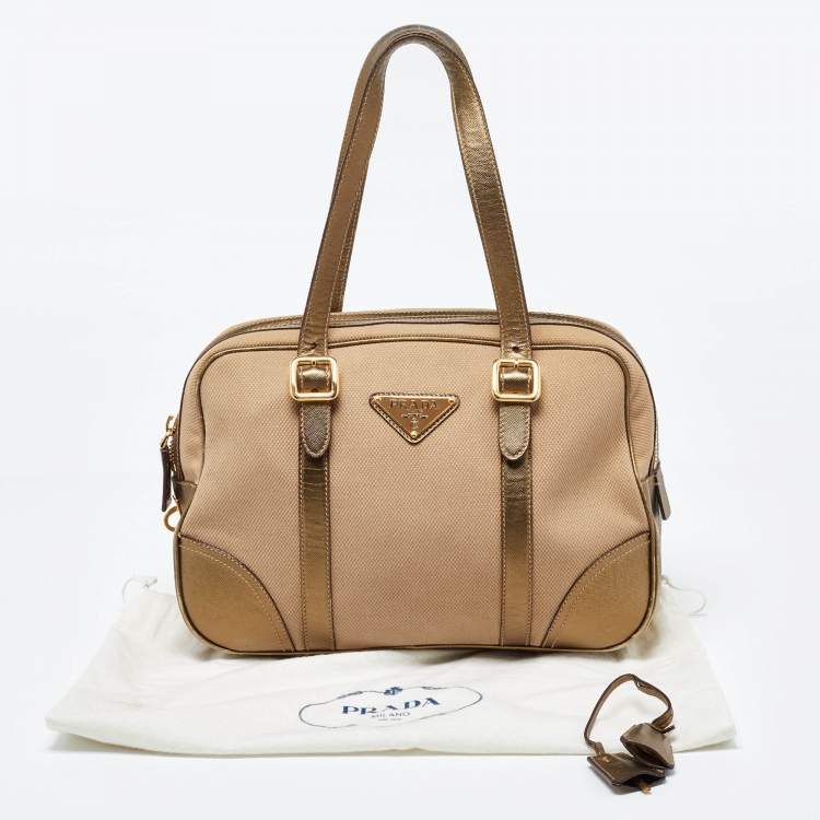Pre Owned Prada Metallic/Beige Canvas and Leather Zip Bowler Bag