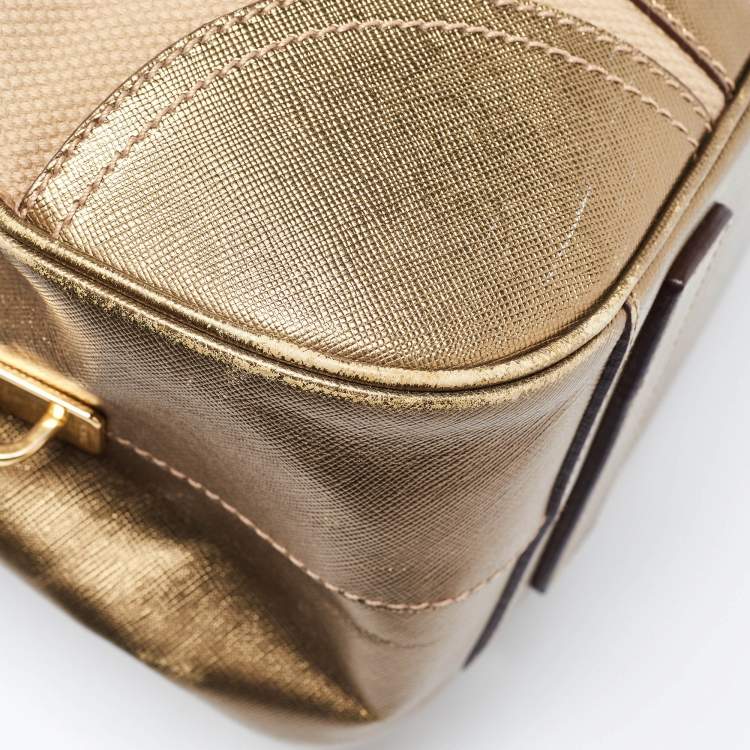 Pre Owned Prada Metallic/Beige Canvas and Leather Zip Bowler Bag
