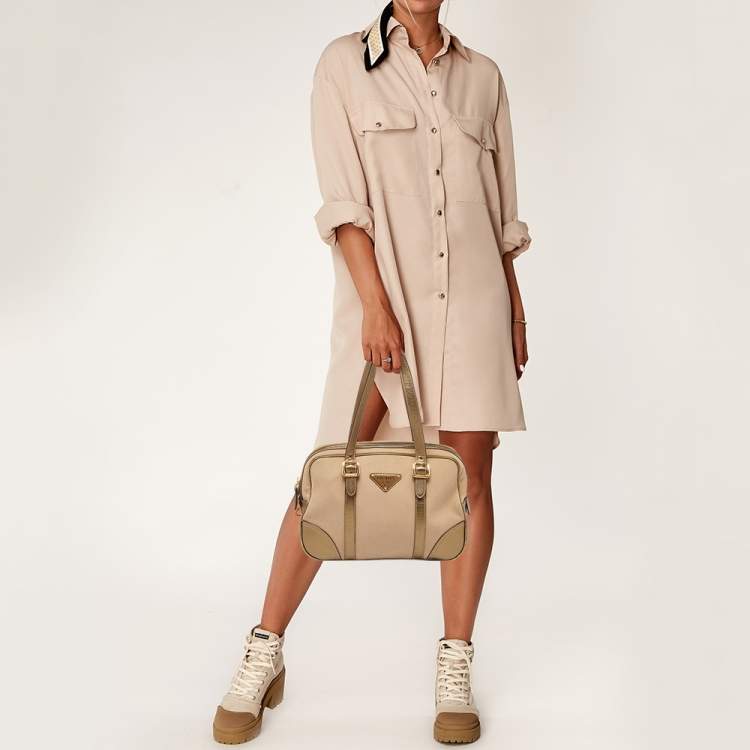 Pre Owned Prada Metallic/Beige Canvas and Leather Zip Bowler Bag